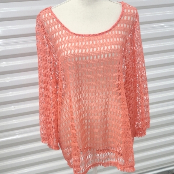 Coral Crochet Knit Top Sheer Elbow Short Sleeve Scoop Neck - Picture 1 of 9